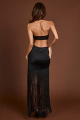 Fringed Plunge-Neck Maxi Dress in Black