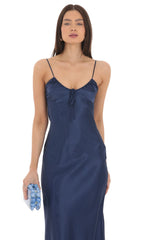 Satin Open Back Midi Dress in Navy