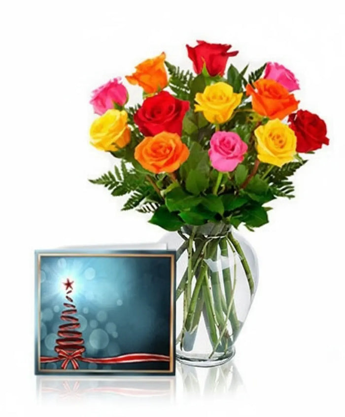 12 Mixed Roses, Vase & Card Combo bloomexusa