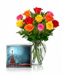 12 Mixed Roses, Vase & Card Combo bloomexusa