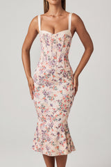 Layered Bra-Detail Fishtail Midaxi Dress in Primrose Floral Print