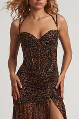 Ruched Asymmetric Corset Gown in Leopard Print