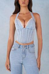 Halterneck Denim Corset Style Top  in Light Denim