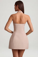 Pinstripe Halterneck Structured A-Line Mini Dress in Mushroom
