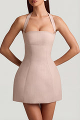 Pinstripe Halterneck Structured A-Line Mini Dress in Mushroom