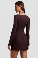 Pinstripe Structured A-Line Mini Dress in Chocolate Brown