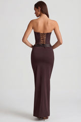Pinstripe Low-Rise Maxi Skirt in Chocolate Brown