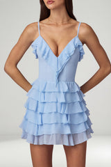 Ruffled Lace-Up A-Line Mini Dress in Powder Blue
