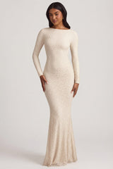 Ruched Backless Lace Maxi Dress in Ivory
