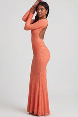 Ruched Backless Lace Maxi Dress in Peach