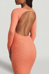 Ruched Backless Lace Maxi Dress in Peach
