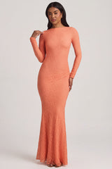 Ruched Backless Lace Maxi Dress in Peach
