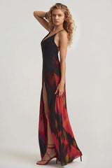 Open-Back Maxi Dress in Red Blurred Print