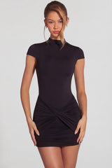 Jersey Turtleneck Ruched Backless Mini Dress in Black
