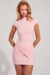 Jersey Turtleneck Ruched Backless Mini Dress in Pink