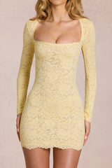 Scalloped-Lace Long-Sleeve Mini Dress in Lemon Yellow