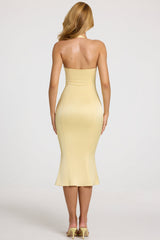Satin Sweetheart Bustier Fishtail Midaxi Dress in Butter Yellow