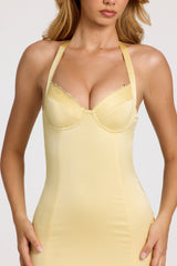 Satin Sweetheart Bustier Fishtail Midaxi Dress in Butter Yellow