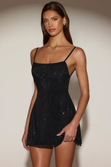 Embellished Soft-Scoop Backless Fitted Mini Dress in Black