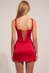 Satin Sweetheart-Neck A-Line Mini Dress in Rose Red