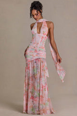 Embellished Scarf-Detail Maxi Dress in Pink Floral Print