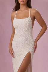 Embellished Square Neck Maxi Dress in Pearl