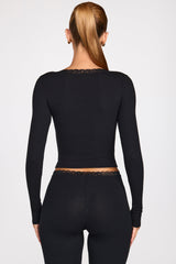 Ribbed Modal Square-Neck Long-Sleeve Top in Black