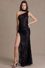 Sequin Lace Scarf-Detail Maxi Dress in Black
