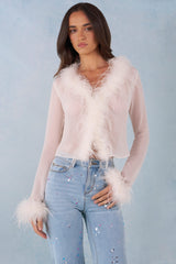 Feather Trim Sheer Top in Ivory