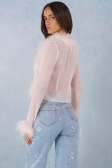 Feather Trim Sheer Top in Ivory