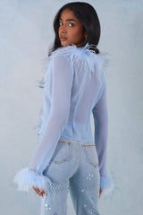 Feather Trim Sheer Top in Soft Blue