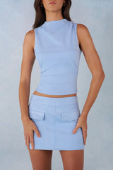 Faux Suede Turtleneck Top  in Soft Blue