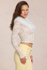 Lace Faux-Fur-Trim Cardigan in Ivory