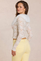 Lace Faux-Fur-Trim Cardigan in Ivory