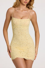 Scalloped-Lace Mini Dress in Butter Yellow