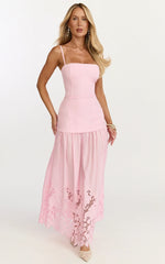 Everly Maxi Dress - Straight Neck Broderie Cut Out Hem Dress in Pink