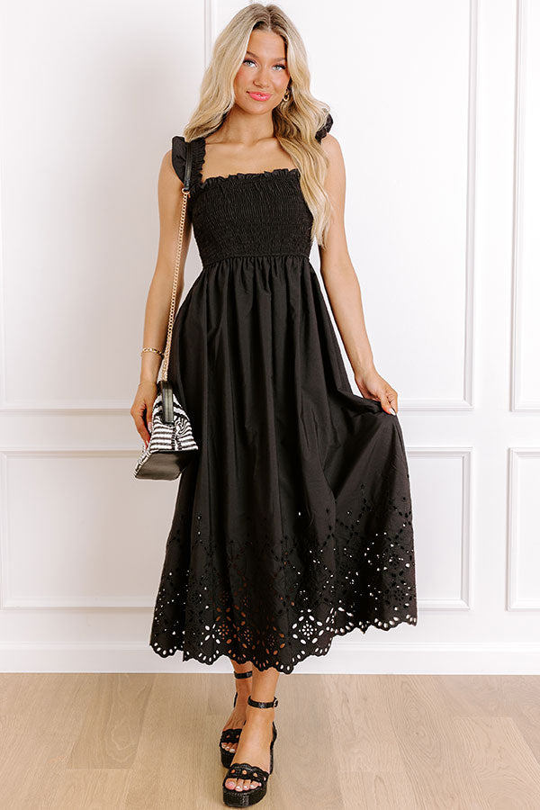 Call It Serendipity Smocked Eyelet Midi Dress in Black