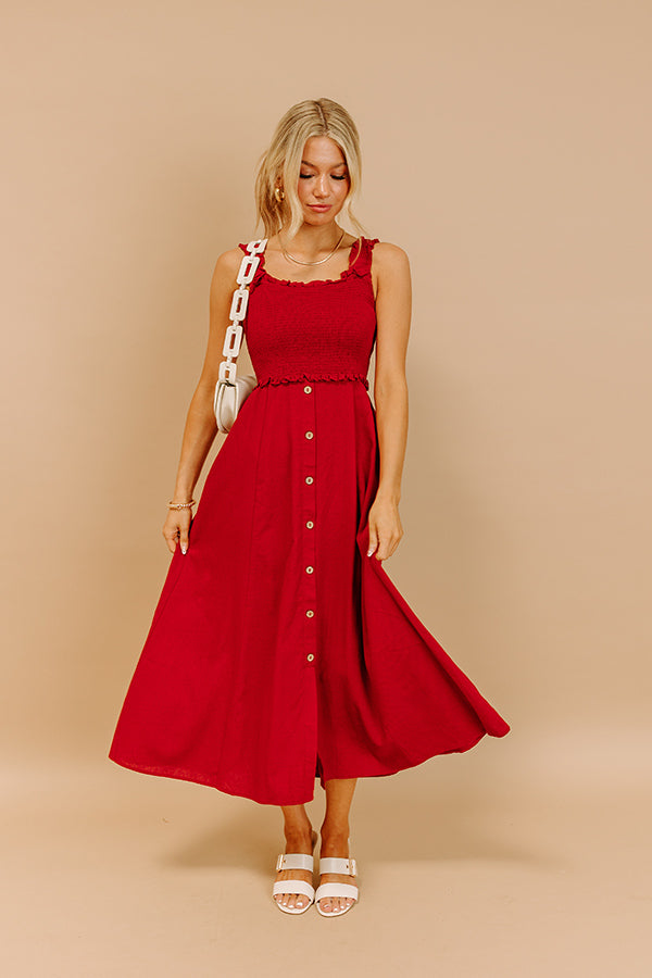 Harvest Lane Linen-Blend Midi Dress in Crimson