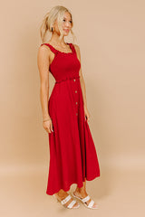 Harvest Lane Linen-Blend Midi Dress in Crimson