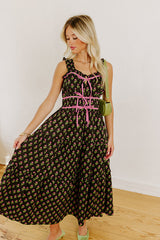 Apple Orchard Stroll Floral Midi Dress in Black