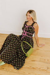 Apple Orchard Stroll Floral Midi Dress in Black