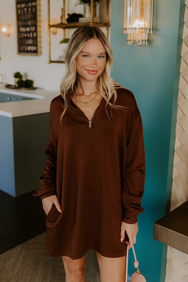 Urban Chic Scuba Quarter Zip Mini Dress in Chocolate