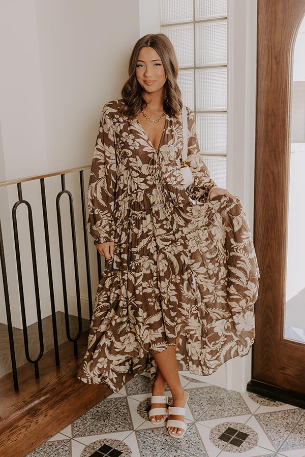 Vino Sipping Floral Midi Dress in Mocha