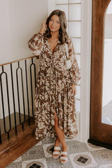 Vino Sipping Floral Midi Dress in Mocha