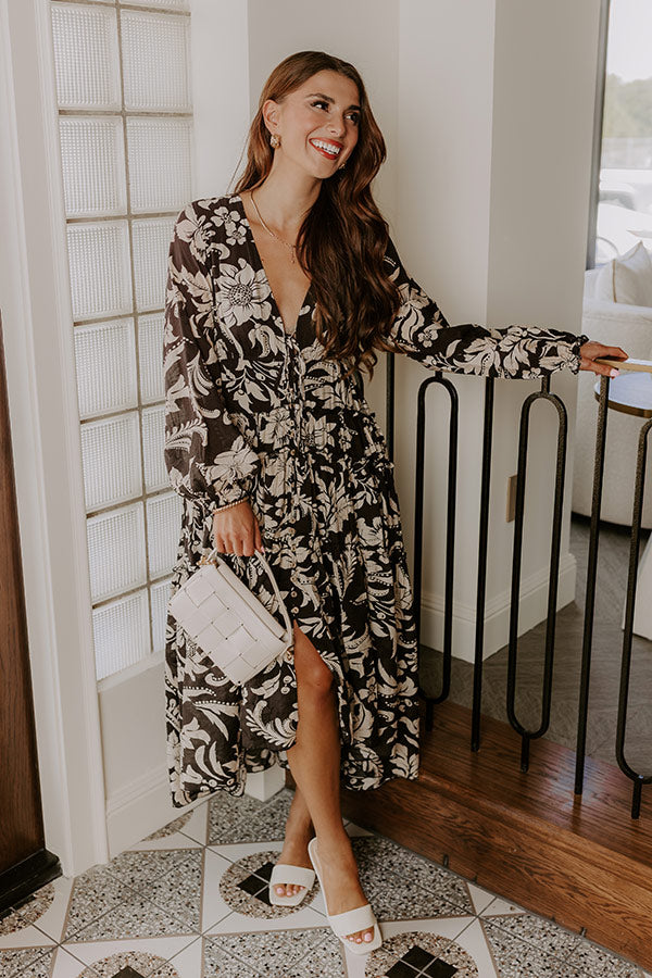 Vino Sipping Floral Midi Dress in Black