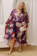 Vineyard Views Satin Color Block Midi Dress in Purple Curves