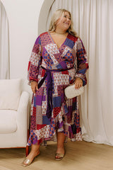 Vineyard Views Satin Color Block Midi Dress in Purple Curves