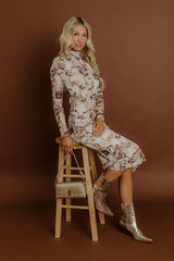 Amber Skyline Floral Mesh Midi Dress in Taupe
