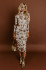 Amber Skyline Floral Mesh Midi Dress in Taupe