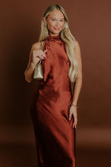 Glitz And Glam Satin Midi Dress in Rust